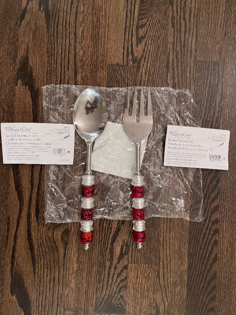 Pampered Chef Beaded Serving Set Stainless Steel Spoon & Fork NWT